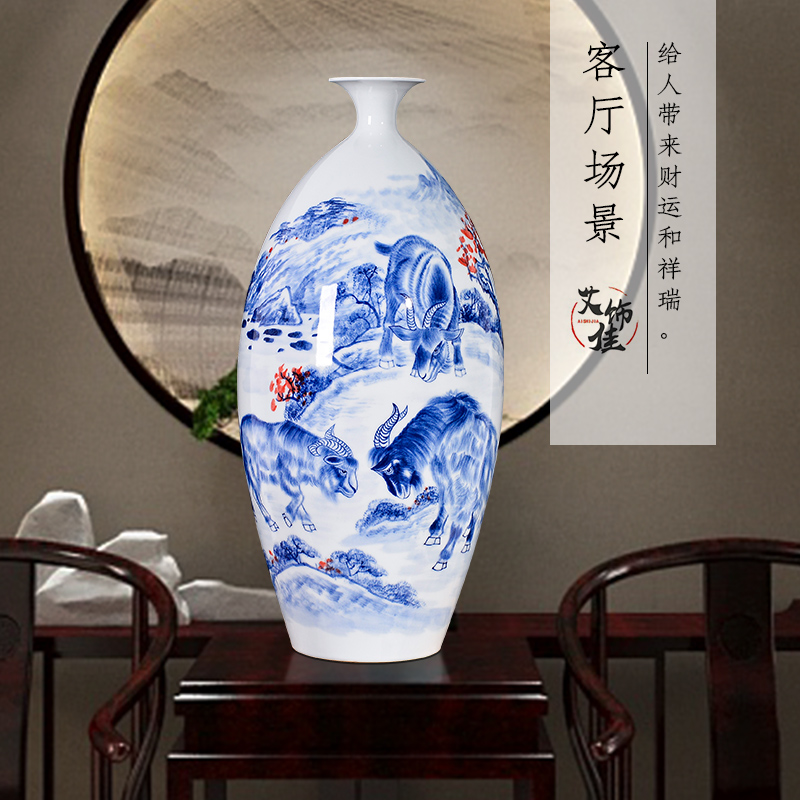 Jingdezhen blue and white ceramics hand - made three Yang kaitai household of Chinese style rich ancient frame, the sitting room TV cabinet decorative furnishing articles