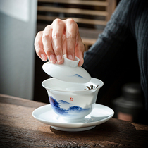 White porcelain cover bowl Teacup Single hand-painted blue and white tea for one person is not hot large Kung Fu tea set Sansai teacup