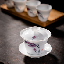 Minchuang hand-painted three-cai cover bowl Simple white porcelain Japanese-style tea bowl Household ceramic blue and white porcelain Kung Fu tea teacup