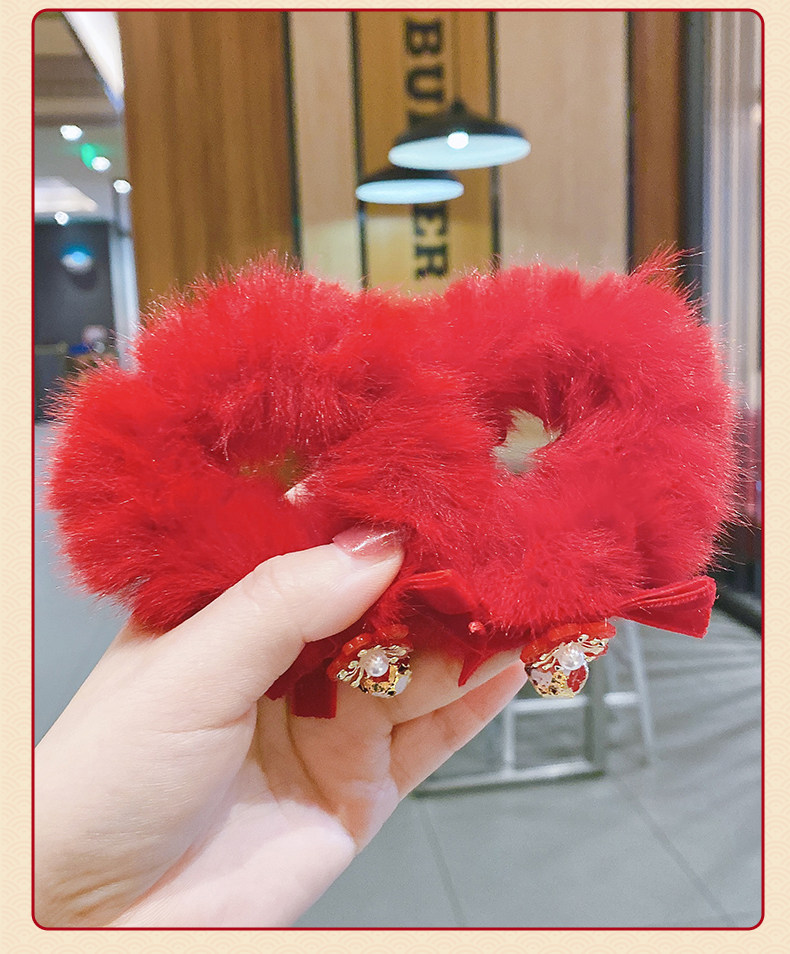 新年头饰儿童红色毛绒发圈女童皮筋丸子头中国风宝宝头绳过年发饰