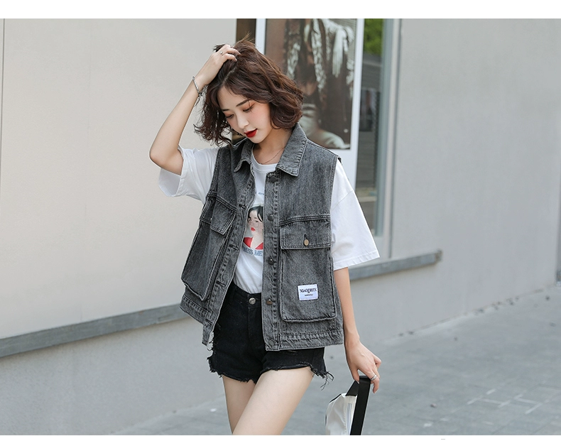 Áo khoác ghi lê thời trang xé áo vest denim của phụ nữ Hàn Quốc áo khoác không tay rộng rãi túi học sinh xu hướng áo vest xuân hè thu - Áo vest