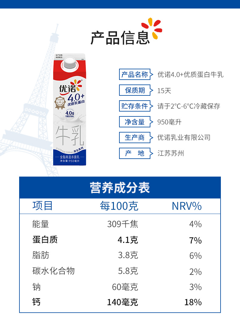 yoplait优诺4.0+优质乳蛋白营养杀菌乳950ml