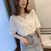 Snow shirt short-sleeved t-shirt girl summer 2022 new loose Han version of super fairy air fashion white lace top