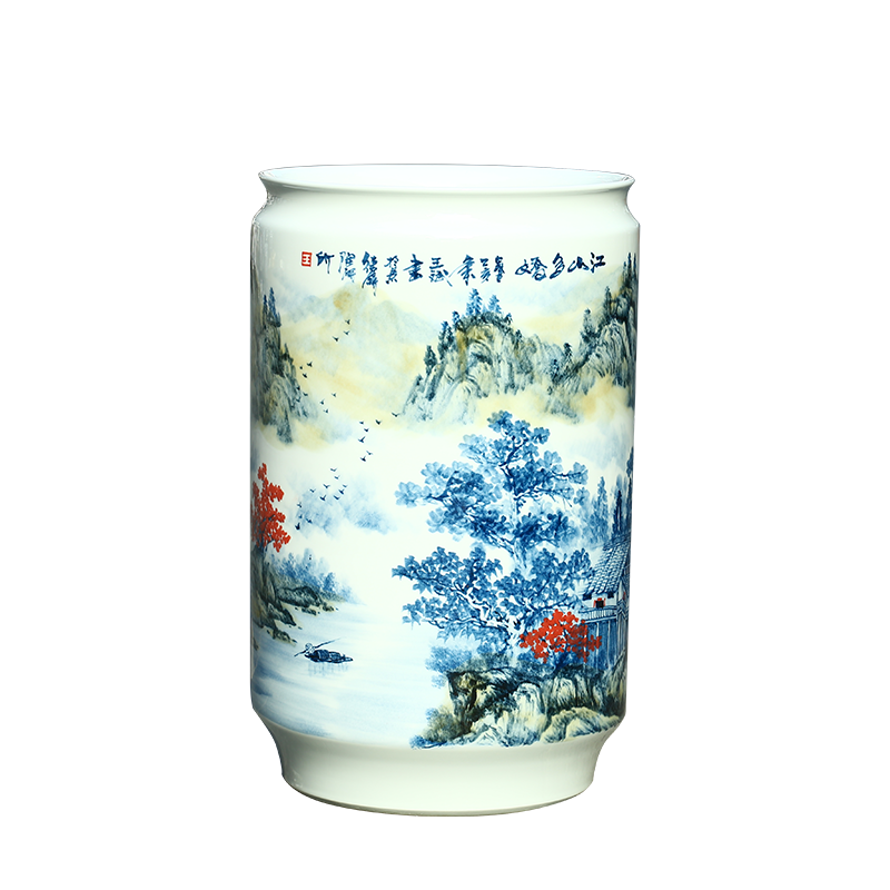 Jingdezhen ceramic hand - made scenery quiver painting and calligraphy scrolls cylinder sitting room ground vase study furnishing articles ornaments