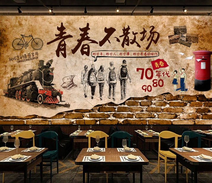 怀旧80年代壁纸青春复古壁画餐厅火锅店墙纸ktv酒吧奶茶店壁
