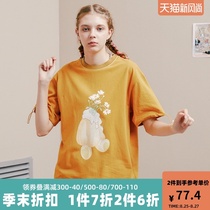 CONCORD original personality retro new short-sleeved pure cotton bear daisy pattern printing couple round neck t-shirt