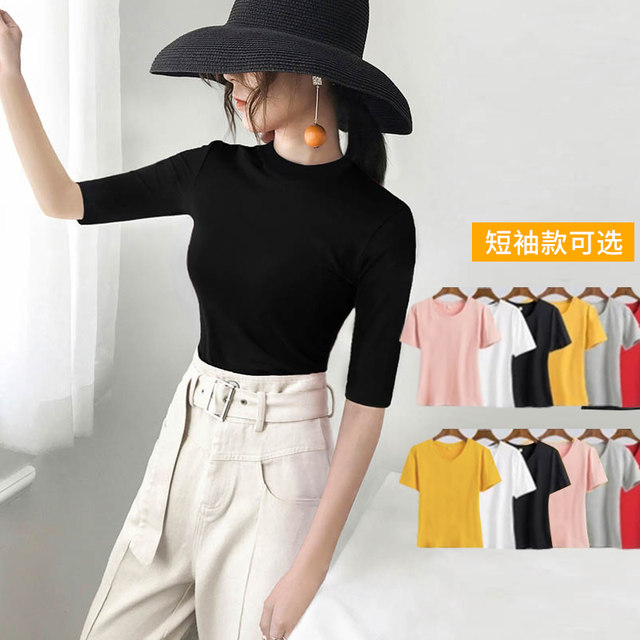 Pure cotton mid-sleeved t-shirt female black half-high collar bottoming shirt 2020 new mid-neck five-point sleeve tight top Pure cotton mid-sleeved t-shirt female black half-high collar bottoming shirt 2020 new mid-neck five-point sleeve tight top