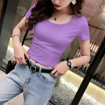 Navel purple T-shirt womens short sleeve high waist ultra short sexy tight body shirt Korean version of Joker cotton leak top
