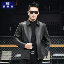 Haining leather mens short lapel sheepskin jacket rice grain pattern mens spring and autumn casual middle-aged jacket