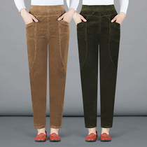 Corduroy pants female mother plus velvet middle-aged womens pants middle-aged spring and autumn new outer wear strip velvet Harun radish pants