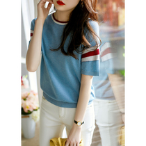 Dittutown Collision Color Striped short sleeve T-shirt Female 2021 Summer-less blue silver thread Knitted Cardigan Blouse