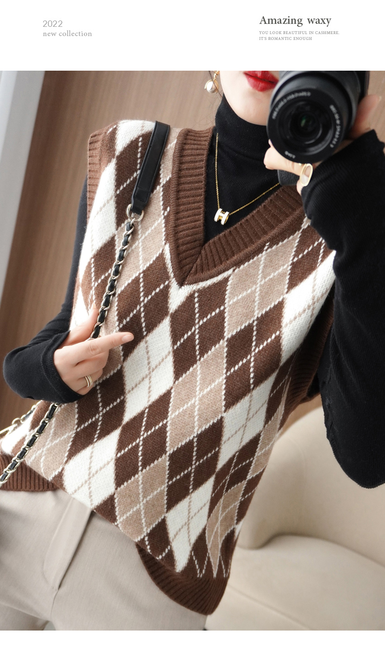 菱形提花毛衣背心女 早秋新款v领无袖针织坎肩复古宽松叠穿马甲潮