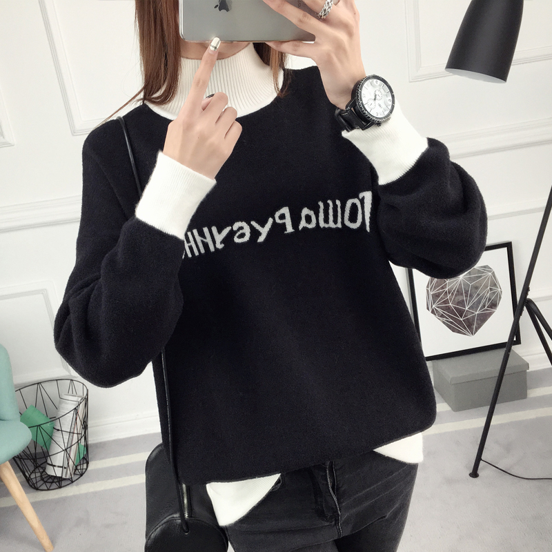 毛衣女2016冬季新款韩版字母拼色高领套头长袖时尚修身针织衫外套产品展示图1