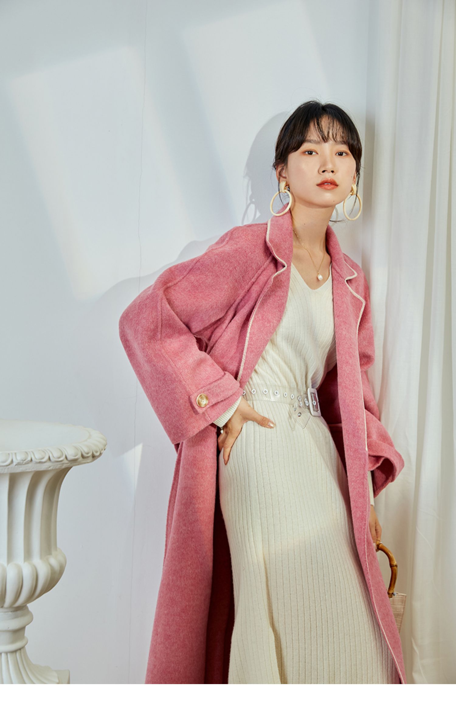 阿尔巴卡手工双面羊绒大衣女2019冬装新款长款粉色羊驼毛呢子外套_爱