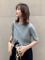 Knitted ice silk short-sleeved T-shirt womens summer Korean simple elegance loose round neck five-point sleeve base top