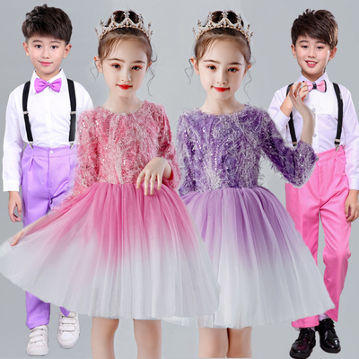 Children&apos;s performance clothing girl&apos;s princess skirt kindergarten dancing pompous skirt student dance performance clothing long sleeve