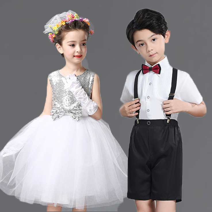 White Sequin children jazz dance dresses performance clothes chorus boys  outfits Dress Short Sleeve British shirt princess skirt