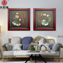 New Chinese solid wood jade carving three-dimensional relief painting Sofa background wall painting Entrance living room dining room decorative painting pendant