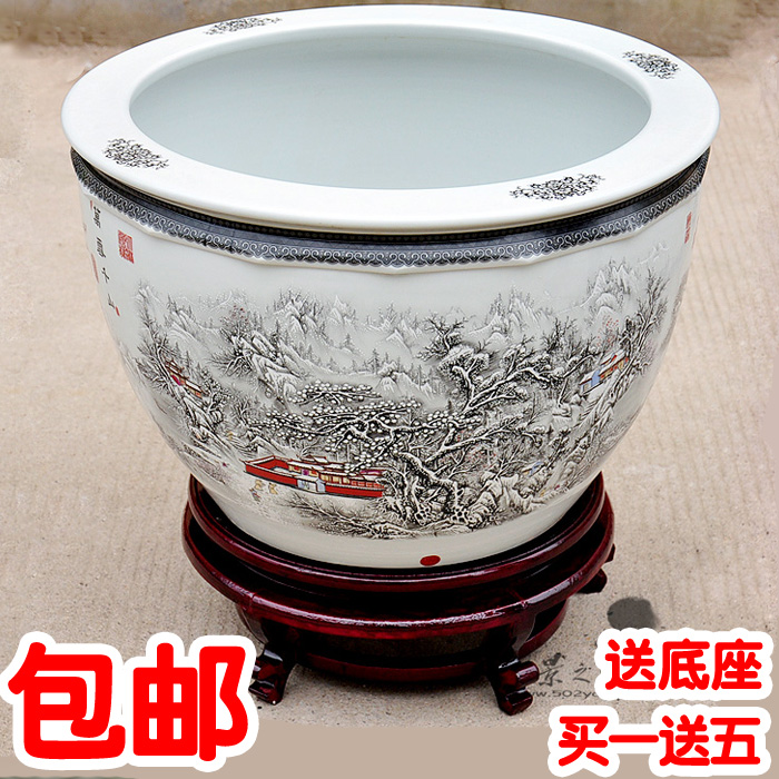 Jingdezhen ceramic aquarium painting scroll of cylinder lotus turtle with large koi fish than snow mountains snow