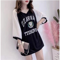 Summer clothes seven-point sleeve stitching V-collar T-shirt female students loose Korean version of new fat sister clothes