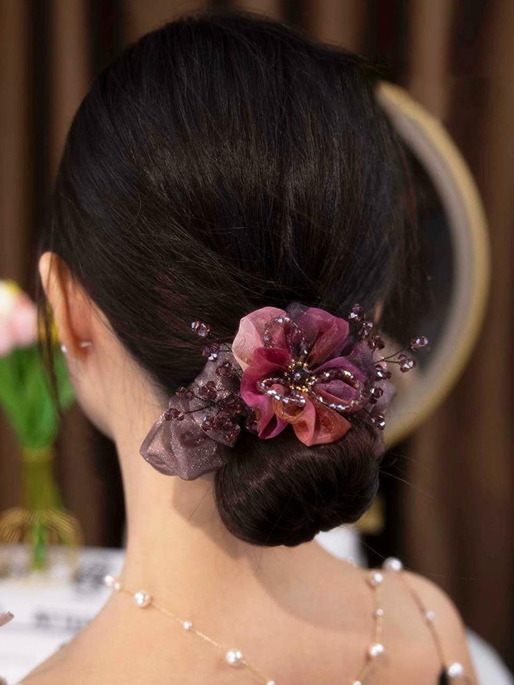 Elegant Organza Headdress Flower Headwear Crystal Flowers Headband Female Bun Hair Tie High-Grade Large Intestine Hair Band Female