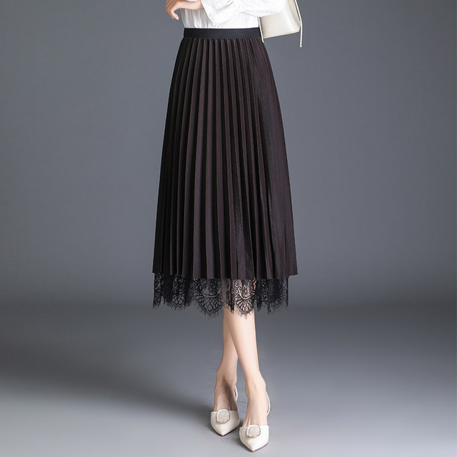 Female black pleated skirt Spring skirts and long sections waist on both sides of double-sided wear net veil lace skirt a word Female black pleated skirt Spring skirts and long sections waist on both sides of double-sided wear net veil lace skirt a word