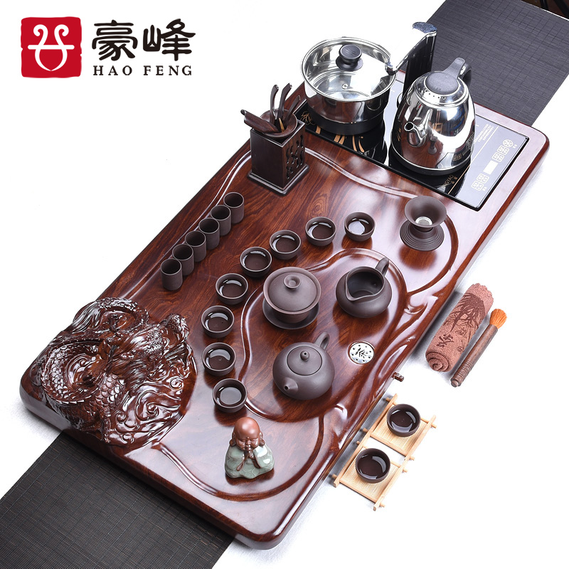 HaoFeng purple sand tea set a complete set of ecological wood tea tray and exquisite kung fu tea firewood coarse ceramic tea set automatically