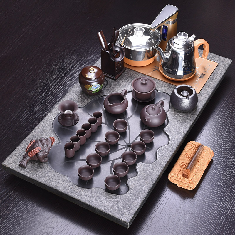 HaoFeng ceramic tea set suit household sharply stone solid wood tea tray was kung fu tea tea purple sand teapot teacup