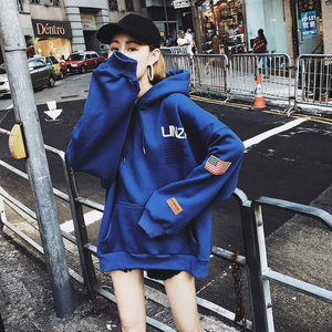 2019新款连帽卫衣女慵懒风加绒加厚秋冬宽松韩版bf蓝色上衣ins潮