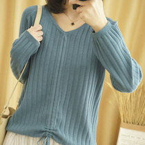 2020 spring new Korean V-neck pure cotton hemp long-sleeved sweater loose thin pullover sweater base shirt women