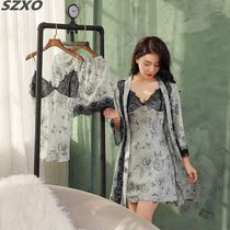 Szxo summer pajamas women's ice silk condole belt nightgown shorts sexy lace silk household clothing four-piece suit