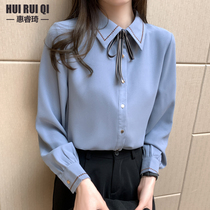 Bow shirt womens long-sleeved spring new fashion embroidery foreign style small shirt retro Hong Kong flavor loose and wild shirt