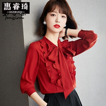 Red Bow Tie Shirt Woman Fashion Ocean Air 2022 Spring New Design Feel of the Agaric Side Coat Temperament Shirt