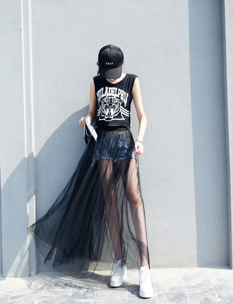 2021春夏季超薄透视网纱纱裙半身裙高腰外搭透明单层罩裙长裙