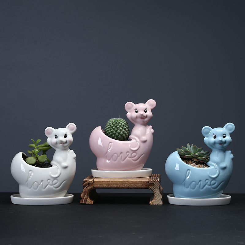 Cartoon mouse fleshy flowerpot ceramic creative move indoor the plants celestial being potted small white flowers