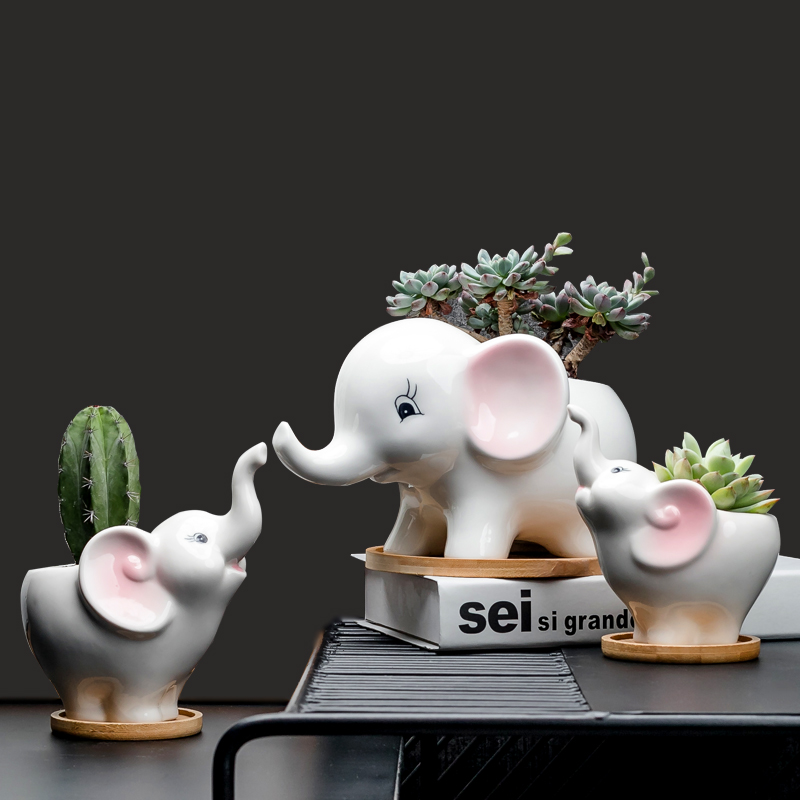 Contracted white cartoon animal meat flowerpot more creative ceramic trumpet with tray desktop celestial being plant POTS