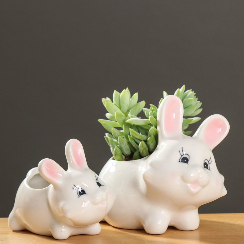 Creative cartoon animal, lovely small white rabbit ceramic flowerpot more meat desktop art flower pot plant furnishing articles