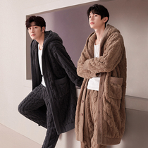 Coral velvet pajamas mens winter padded velvet long robe mens winter flannel hooded home suit