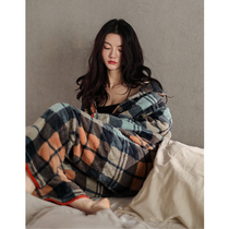 Coral velvet pajamas womens winter thickened velvet autumn and winter fashion Plaid warm flannel home suit women