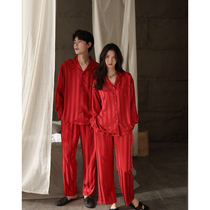 Couple pajamas female spring and autumn ice silk long sleeve red wedding home suit 2021 new men silk suit