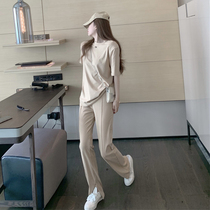 Sports suit womens 2021 new trendy casual age-reducing loose short-sleeved T-shirt fashion flared pants high-waist two-piece suit