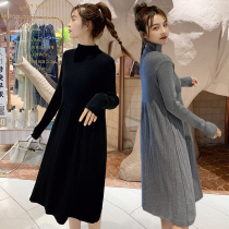 Pregnant women sweater long loose Korean half high collar size knitted base shirt maternity dress autumn winter dress