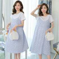 Maternity dress summer dress tide mom 2021 summer loose fake two pieces of long maternity dress summer medium long