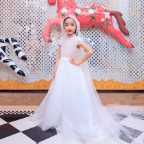 Childrens dresses girls white tulle clothes new middle and large childrens fashion models catwalk piano performance evening dress trend