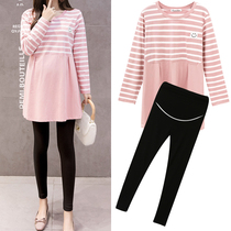Pregnant womens autumn clothes spring and autumn dresses autumn tops set tide mother stripes loose fashion two-piece set