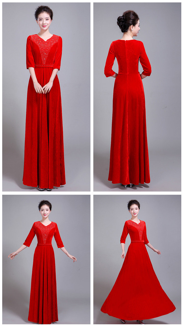 艳如飞金丝绒大合唱演出服合唱服长裙新款成人修身中老年合唱团指挥