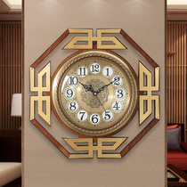 New Chinese wall clock Living room wall decoration mute clock Chinese style simple household wall-mounted table solid wood quartz clock