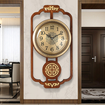 New Chinese style silent wall clock Solid wood quartz wall clock Living room clock household Chinese style atmospheric fashion wall clock