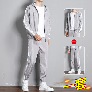 JIMO男士连帽开衫运动套装2020秋季新款反光条套装工装夹克外套男