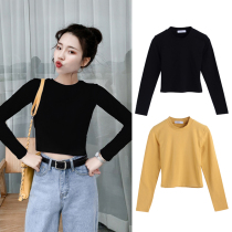 Pure cotton black long-sleeved t-shirt female thin-spotted bottom shirt high-waisted navel early autumn short top insin tide